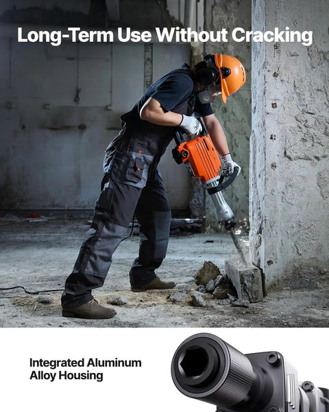 Worker using Beast 2200W Electric Demolition Jack Hammer Kit With 1400 BPM Concrete Breaker in construction site