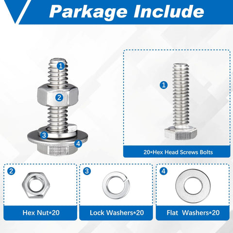 Therwen stainless steel hex head screw set, 1/4-20x1 in, includes 20 screws, 20 hex nuts, 20 lock washers, 20 flat washers