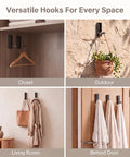 Versatile hooks displayed in four spaces: closet, outdoor, living room, and behind door showcasing the 8 Pack Foldable Wall Hooks Matte Black Zinc Alloy.