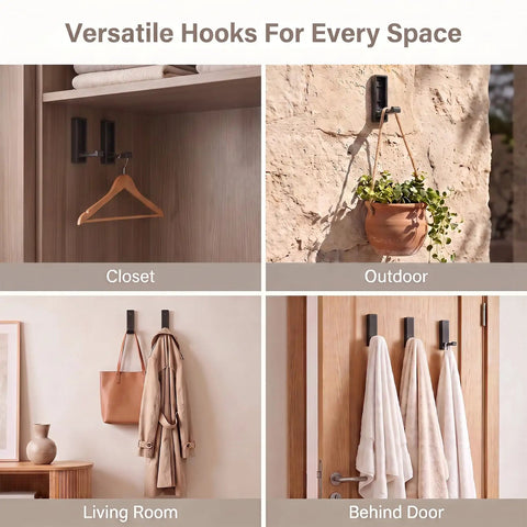Versatile hooks displayed in four spaces: closet, outdoor, living room, and behind door showcasing the 8 Pack Foldable Wall Hooks Matte Black Zinc Alloy.
