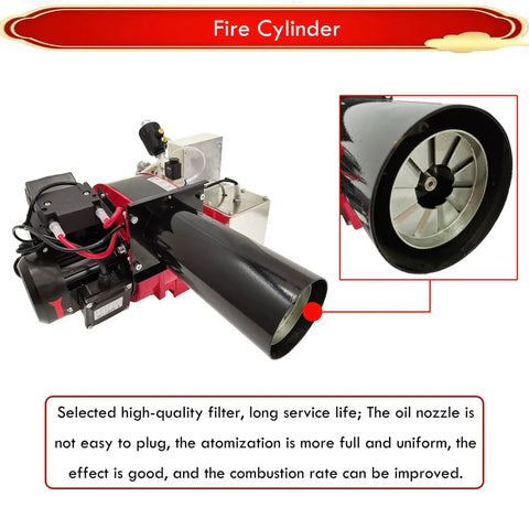 Rock Solid Heavy Duty Waste Oil Burner Heater Air Atomizing Multi Fuel Industrial Boiler Furnace Stainless Steel Double Fire Design 58 To 116kw Output 220v close-up of the fire cylinder showing fan and motor details.