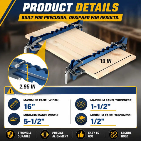 Premium 19 Inch Panel Clamps With Bonus Storage Rack Delivering Four Way Pressure for precise woodworking joinery.