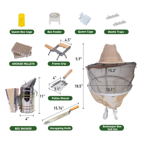 Beekeeping Starter Kit For Beginners 24 Piece Tool Set with smoker, veil hat, queen cages, feeders, frame grip, uncapping knife.