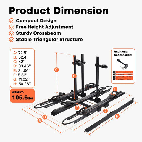 Product Dimension view of Beefy Ebike Rack With Ramp for 2 Inch Hitch, 300 Lb Capacity, Fits Bikes Up To 5 Inch Wide And 52 Inch Wheelbase, Stable V Shaped Design, Easy Load And Safe Transport