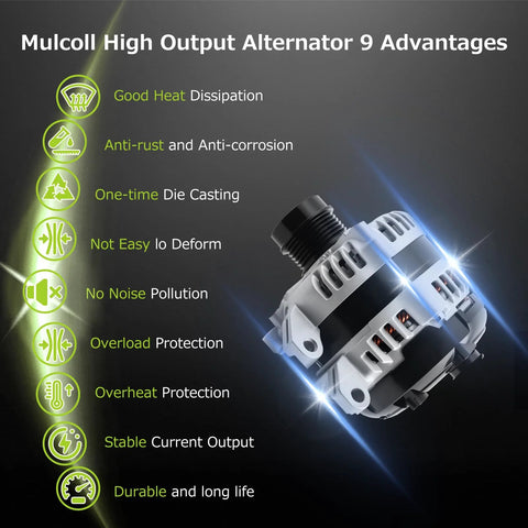11598N High Output Alternator Replacement For Chrysler 300, Dodge Challenger, Charger, Durango, Jeep Grand Cherokee, Ram 1500 3.6L V6 2011-2021 with highlighted advantages of durability, stable current output, and anti-corrosion features.
