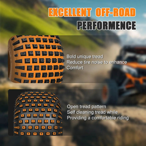 All Terrain Knobby ATV UTV Tires 22x11-8 Tubeless 6 Ply Set of Two, tread detail, off-road performance background