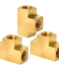 Three brass tee fittings 1/4 NPT female connectors for plumbing, showcasing corrosion-resistant, beefy brass, quick-connect design.