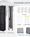 Package contents of 11x11 Pop Up Canopy Tent With Netting And Carry Bag, Easy Setup Outdoor Gazebo, showing bag, steel frame, ropes, stakes.
