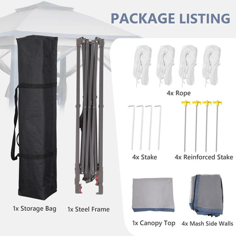 Package contents of 11x11 Pop Up Canopy Tent With Netting And Carry Bag, Easy Setup Outdoor Gazebo, showing bag, steel frame, ropes, stakes.
