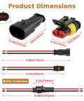 Dimensions of Heavy Duty 2 Pin Waterproof Wire Connector Set With 15 Cm Copper Leads and Heat Shrink Tubing for automotive use.