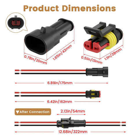 Dimensions of Heavy Duty 2 Pin Waterproof Wire Connector Set With 15 Cm Copper Leads and Heat Shrink Tubing for automotive use.