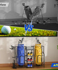 Golf Bag Storage Organizer For Home And Garage That Keeps Your Gear Snug In One Spot, Holds 2 Standard Golf Bags, Side Club Rack