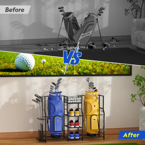 Golf Bag Storage Organizer For Home And Garage That Keeps Your Gear Snug In One Spot, Holds 2 Standard Golf Bags, Side Club Rack