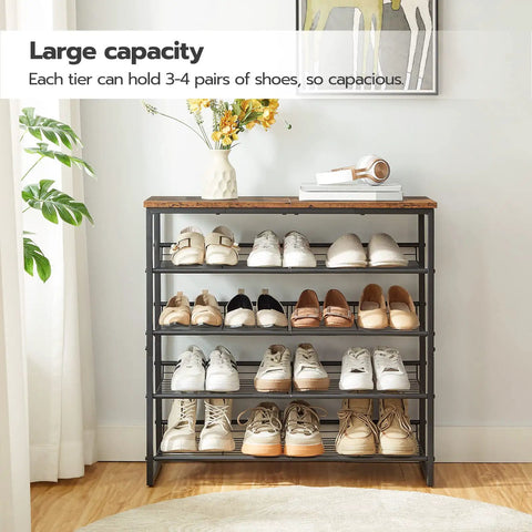 Five Tier Shoe Rack Organizer For Entryway With Adjustable Tilt And Feet Holds 16 Through 20 Pairs Rustic Brown And Black