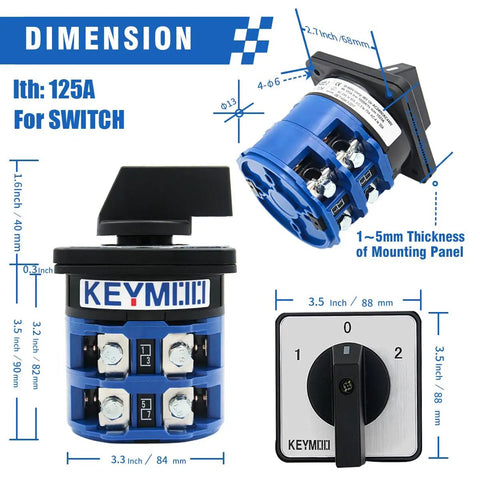 Heavy Duty 660V 125A Rotary Changeover Switch With Exterior IP65 Box 3 Poles 2 Phase 8 Terminals dimensions and features.