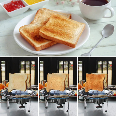 Stovetop Camping Toaster 4 Slice For Gas Stove with toasted bread, showcasing stainless steel rack and outdoor use.