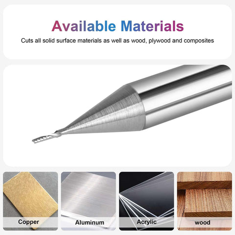 SpeTool O-flute spiral router bit with 1/4 in shank and 1/32 in cutting diameter, upcut solid carbide end mill (close-up)