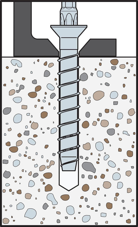 Illustration of Titen HD 1/4 In X 3-1/2 In Zinc-Plated Countersunk Head Heavy-Duty Screw Anchor installed in concrete