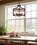 Woodrow 15 Inch Industrial Farmhouse Pendant Light With Convertible Semi Flush Mount over wooden dining table by window