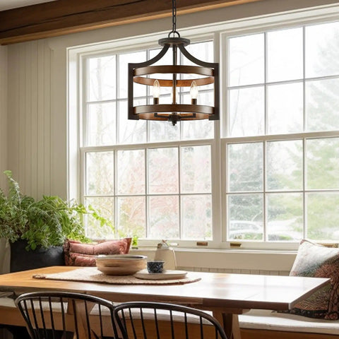 Woodrow 15 Inch Industrial Farmhouse Pendant Light With Convertible Semi Flush Mount over wooden dining table by window