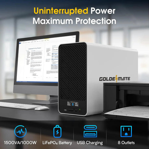 Rock-Solid Lithium UPS Backup Power Supply With LiFePO4 Battery, 1500VA/1000W, 8 Outlets, LCD Display on desk setup