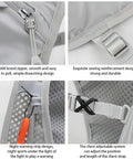Go-To Hydration Vest Backpack details with zipper, straps, warning strip, and mesh; Granny Gray.
