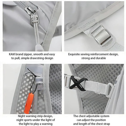 Go-To Hydration Vest Backpack details with zipper, straps, warning strip, and mesh; Granny Gray.