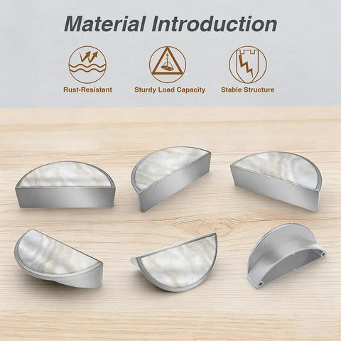 Six Pearl Cloud Quartz Cabinet Pulls 2 Pack, Brushed Nickel Semicircle Drawer Handles on wooden surface