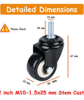Heavy Duty Swivel Caster Set Of 4 With 2 Inch Wheels And M10 Threaded Stem For Shelving and Cart Mods Smooth As Butter Silent Metal Wheels No Brake Included Quick Swap Top Shelf detailed dimensions of 2-inch caster