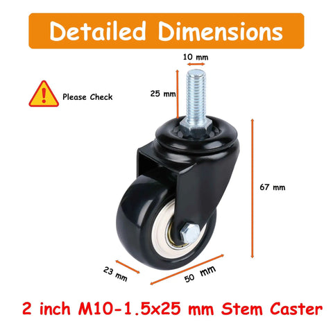 Heavy Duty Swivel Caster Set Of 4 With 2 Inch Wheels And M10 Threaded Stem For Shelving and Cart Mods Smooth As Butter Silent Metal Wheels No Brake Included Quick Swap Top Shelf detailed dimensions of 2-inch caster