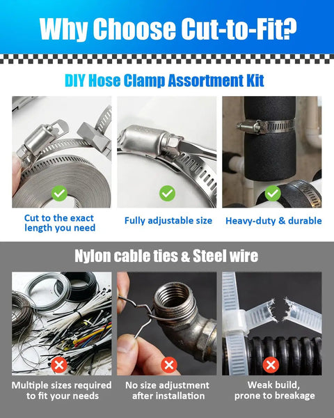 Cut To Fit Stainless Steel Hose Clamp Kit That Is DIY Friendly With A 32.81 Foot Roll Of 304 Band And 20 Reinforced Fasteners benefits