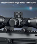 Heavy Duty One Inch Scope Rings With A Low Profile Cut For Picatinny Rails built from solid aluminum mounted on a scope.