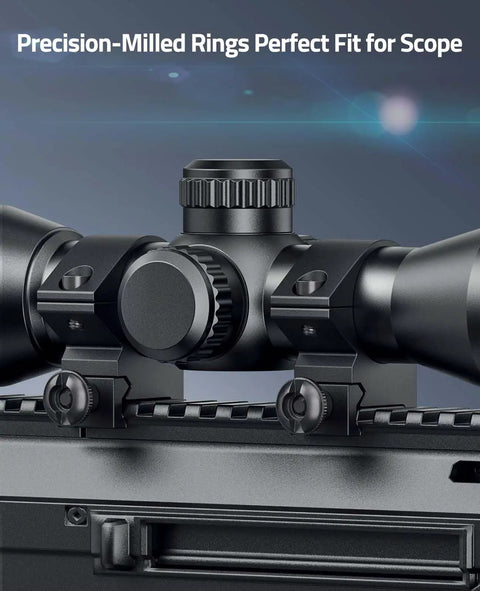 Heavy Duty One Inch Scope Rings With A Low Profile Cut For Picatinny Rails built from solid aluminum mounted on a scope.
