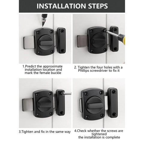 Installation steps for Tough As Nails Double Sided Gate Latch Slide Bolt Lock With Large Black Sturdy Sliding Security Hardware.