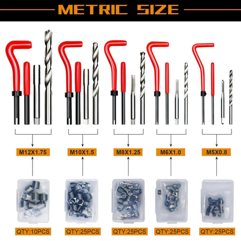 Helicoil Thread Repair Kit With 261 Pieces Includes Installation Tool, Twist Drill, Break Pin, Tap, Metric Sizes M5 to M12