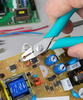 5 Inch Angled Tip Cutter With Ergonomic Co Molded Grip For SMT Lead Trimming, Durable Eremadium Tool Steel, being used on circuit board