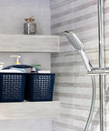 Portable Shower Caddy Organizer With Handle And Three Compartments Offers Zero Hassle Organization With Fast Draining Design in shower setting.