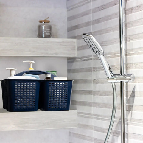 Portable Shower Caddy Organizer With Handle And Three Compartments Offers Zero Hassle Organization With Fast Draining Design in shower setting.