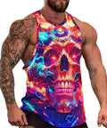 Killer Mens Sleeveless Tank Top Featuring Dope Neon Wolf And Flame Mechanical Skull Graphic Summer Muscle Tee on muscular model.