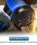 5/8-11 Thread Angle Grinder Flange Nut Locking Nut Quick Release in action with sparks, attached to angle grinder, 1.9 inch diameter