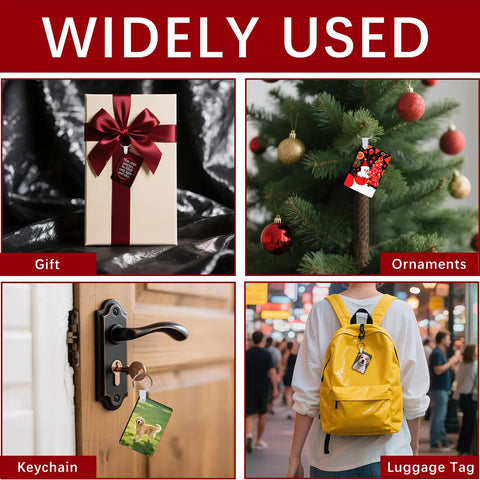 20 Pcs Sublimation Keychain Blanks Set Double Sided MDF Rectangle Ornaments For DIY Heat Press Printing Bulk Sublimation Blank Key Chains Easy Customizable Gifts And Crafts shown as gift, ornament, keychain, and luggage tag