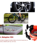 Rock Solid Car Siphon Pump And Fluid Transfer Kit extracts gasoline and oil, showing air adapter, tire, bicycle, and air mattress.