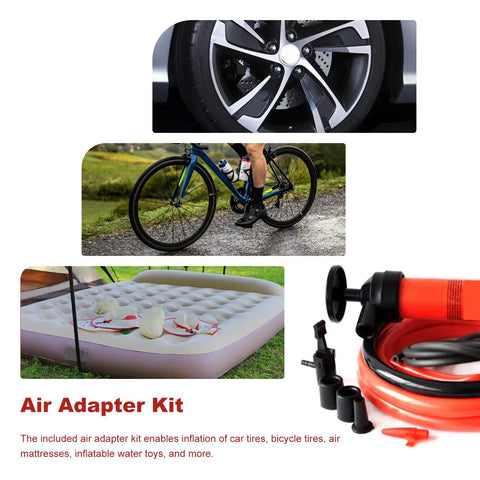 Rock Solid Car Siphon Pump And Fluid Transfer Kit extracts gasoline and oil, showing air adapter, tire, bicycle, and air mattress.