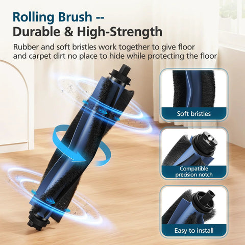 Front view of blue Omni C20 rolling brush with black bristles for eufy Omni C20 robot vacuum.
