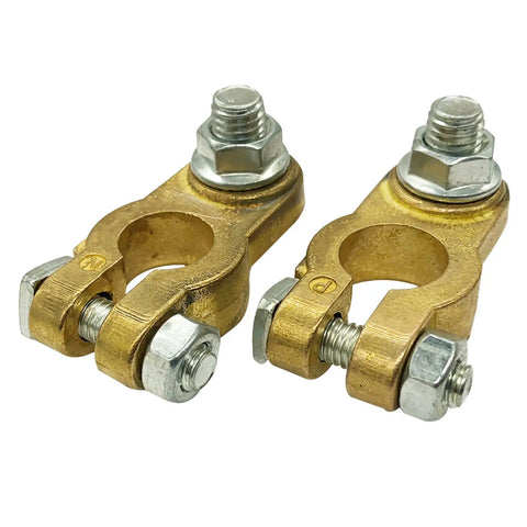 Beefy Brass Top Post Battery Terminal Connectors Set For Positive And Negative, Marine Car Boat RV Ready, Direct Fit Cable Ends