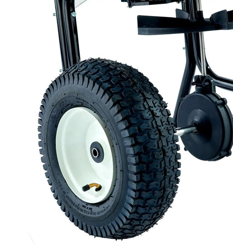 14-Inch knobby pneumatic tire of Walk-Behind Broadcast Spreader for Fertilizer, Grass Seed and Salt, 80 Lb Hopper, sturdy frame visible