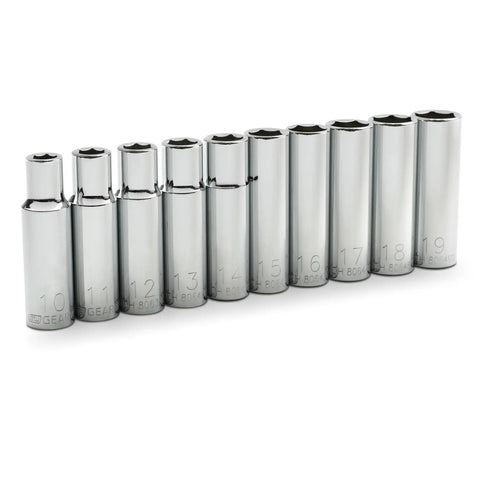 Half Inch Drive 6 Point Deep Metric Socket Set, 10-Piece, From 10mm to 19mm, Chamfered Openings For Easy Fastener Alignment displayed