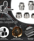 Durable Stainless Steel KICKR Thru Axle Adapter Kit for Wahoo KICKR showing components and rust proof material