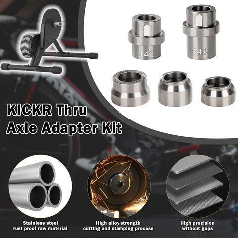 Durable Stainless Steel KICKR Thru Axle Adapter Kit for Wahoo KICKR showing components and rust proof material