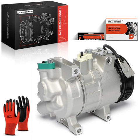 Heavy Duty AC Compressor With Clutch For Ram 1500 and 1500 Classic 2014 to 2023, silver compressor with gloves, installation manual.
